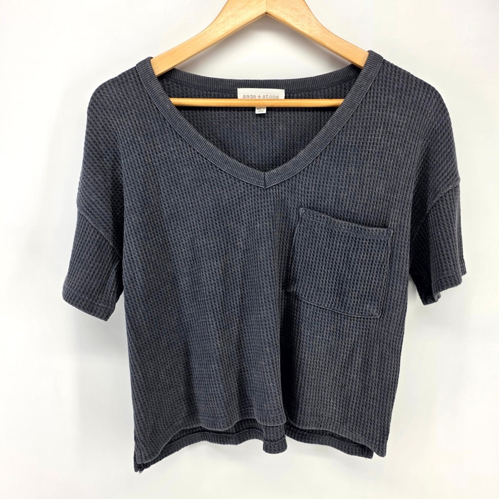 Sage + Stone Waffle Knit Top Womens Medium Gray V-Neck Pocket Thermal 4K14826
